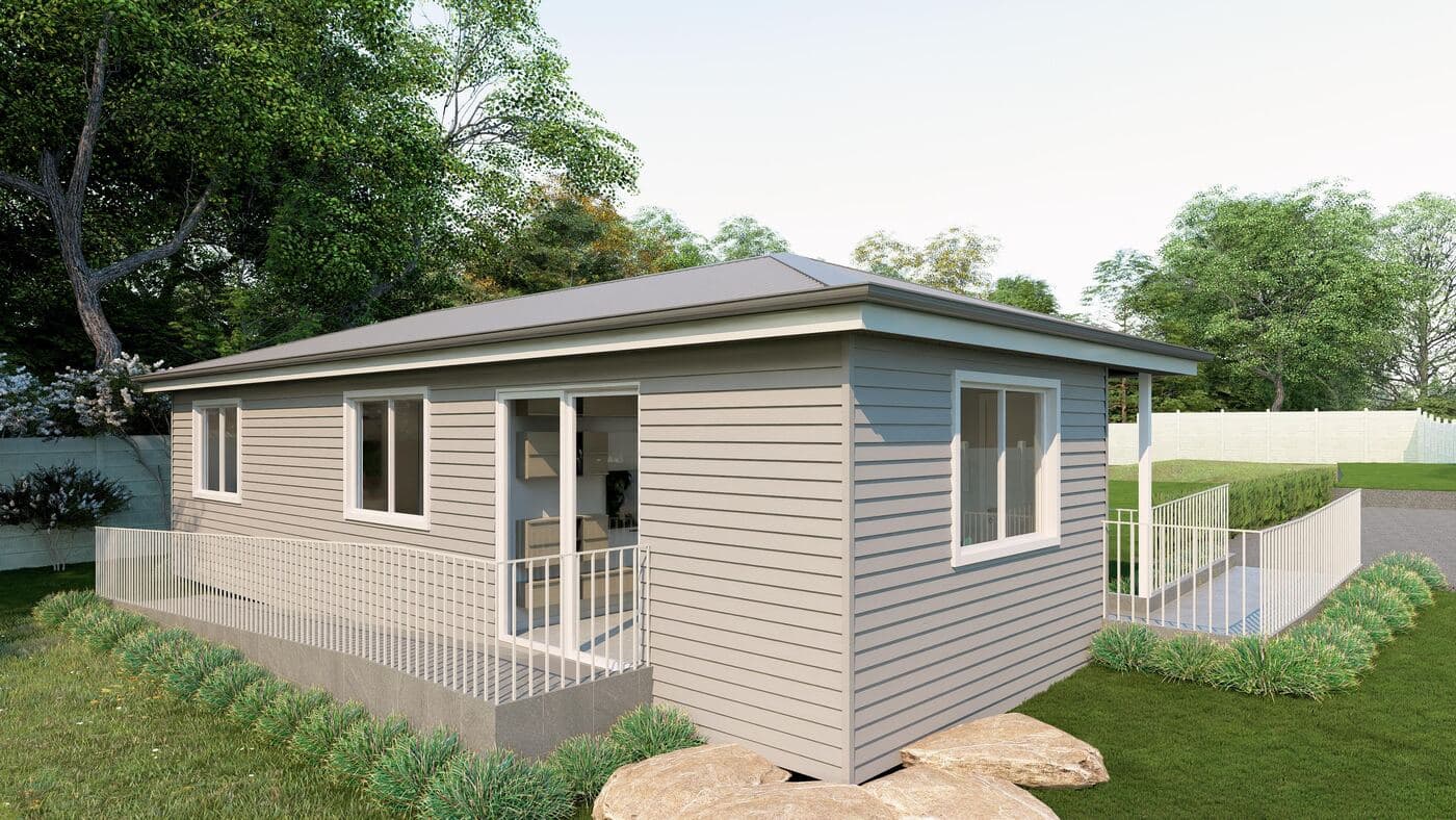 Architectural render of the Rosemeadow dwelling exterior, a single storey home in pale weatherboard with a ramped and railed entry deck